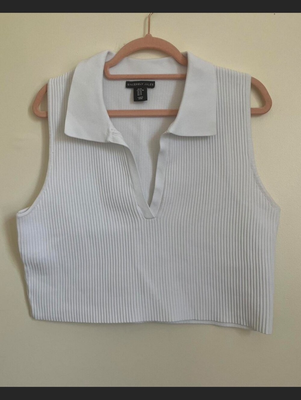 Sincerely Jules White Ribbed Cropped Polo Tank